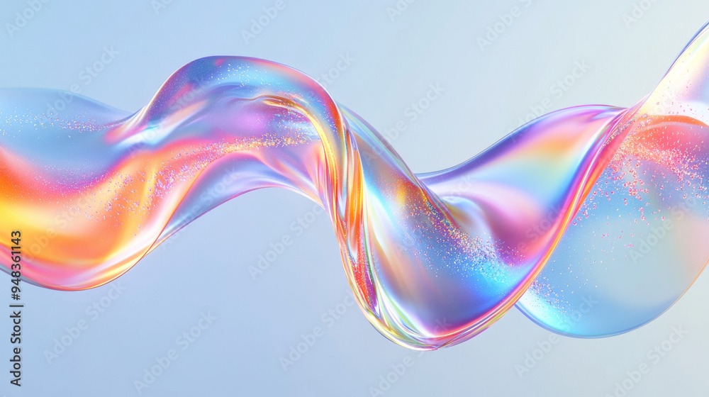 3D abstract liquid glass ribbon with a transparent, clear wave line. Features a rainbow fluid flow with dispersed light and a holographic gradient texture. Glossy design element in flight. 3D abstract liquid glass ribbon with a transparent, clear wave line. Features a rainbow fluid flow with dispersed light and a holographic gradient texture. Glossy design element in flight.