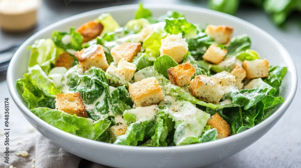 A fresh Caesar salad served in a white bowl, topped with homemade dressing and golden garlic croutons, capturing the essence of a classic dish. A fresh Caesar salad served in a white bowl, topped with homemade dressing and golden garlic croutons, capturing the essence of a classic dish.