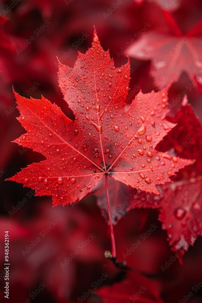 A Stunning and Vibrant Red Maple Leaf with Beautiful Raindrops Captured in Nature