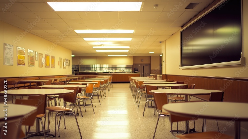 A hospital cafeteria with a large, empty billboard on the wall, illuminated by soft overhead lighting. A hospital cafeteria with a large, empty billboard on the wall, illuminated by soft overhead lighting.