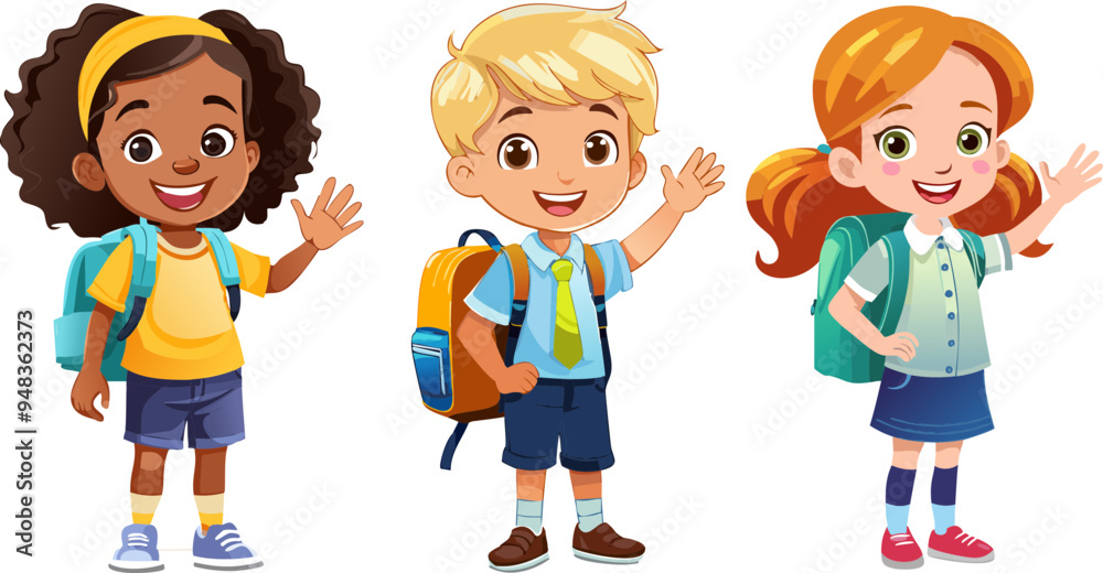Set of cute children on the way to school with satchel or backpack, waving hello with hands up, kids of different skin colors and ethnicities, black or latino girl, blond boy and redhead girl Set of cute children on the way to school with satchel or backpack, waving hello with hands up, kids of different skin colors and ethnicities, black or latino girl, blond boy and redhead girl