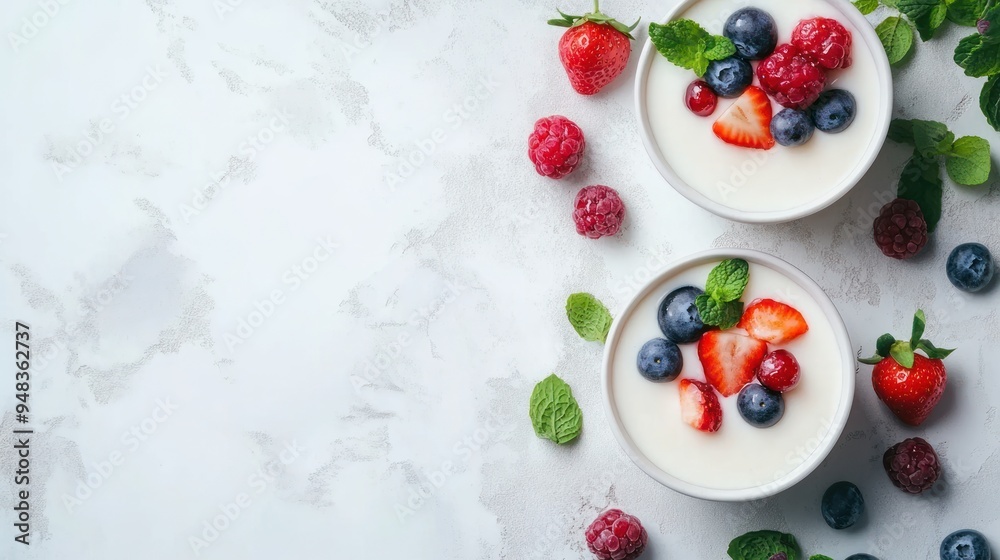 Two bowls of creamy yogurt topped with fresh berries, strawberries, blueberries and raspberries on a marble background, with copy space to the left. Two bowls of creamy yogurt topped with fresh berries, strawberries, blueberries and raspberries on a marble background, with copy space to the left.