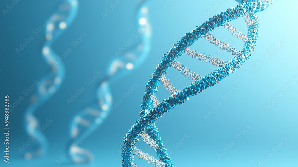 3D rendering of a DNA double helix on a blue background. 3D rendering of a DNA double helix on a blue background.
