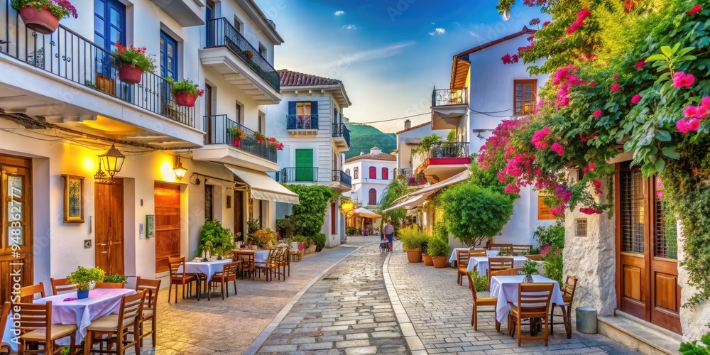 Fototapeta premium Charming whitewashed buildings line a picturesque street in Skiathos, Greece, filled with inviting cafes and restaurants, perfect for a relaxing holiday in the Sporades islands.