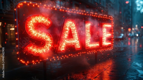 Glowing Neon Sale Sign on a Rainy Night in the City