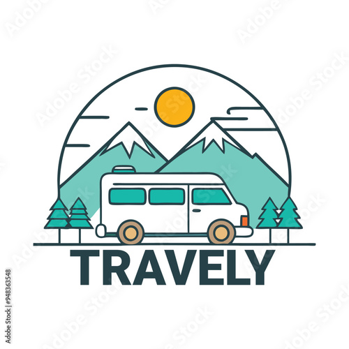 Minimalist travel logo vector for ‘Travely’ with van and nature elements in turquoise, orange, and mint. photo