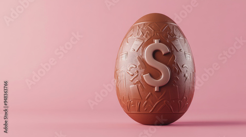 Chocolate egg with a dollar sign, symbolizing wealth and indulgence, set against a soft pink background, representing playful luxury and consumerism.