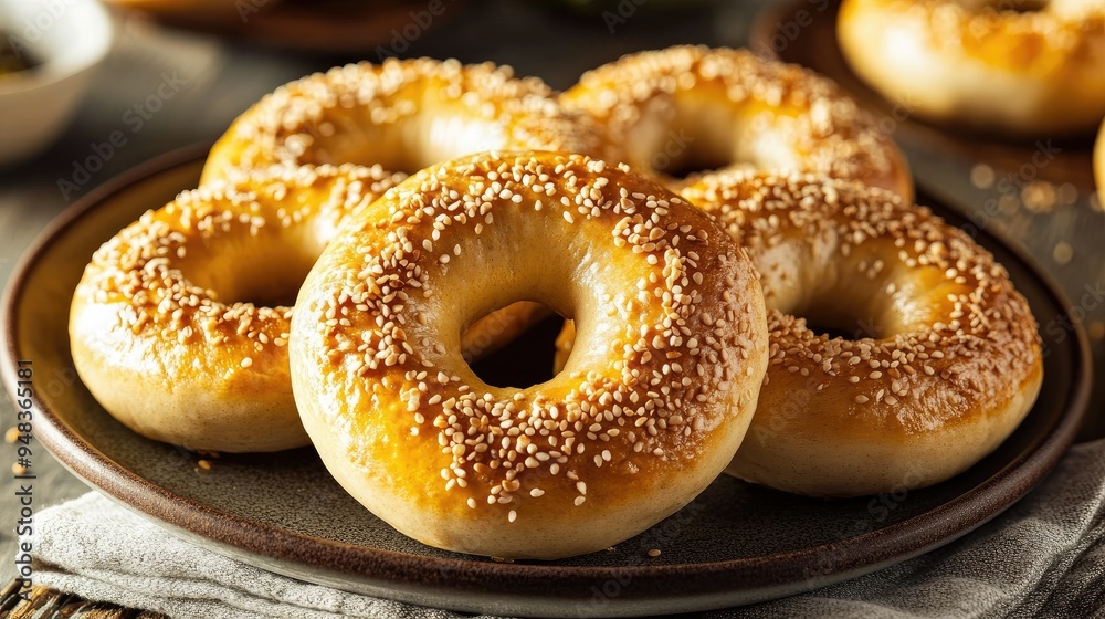 A plate of warm, freshly baked bagels, golden brown and sprinkled with sesame seeds, ready to be enjoyed. A plate of warm, freshly baked bagels, golden brown and sprinkled with sesame seeds, ready to be enjoyed.