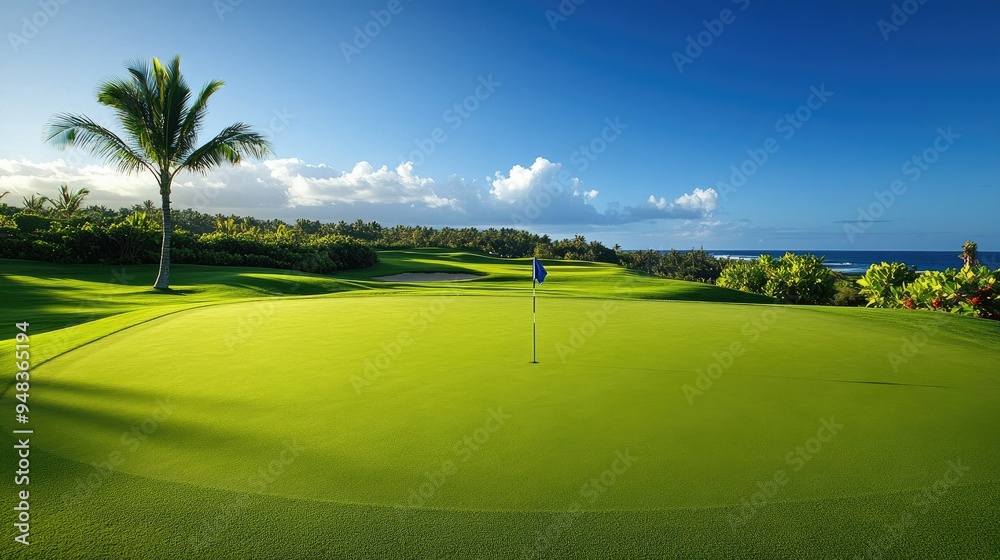 A pristine golf green with a centered flagstick, hole in the foreground, surrounded by lush greenery under a clear blue sky A pristine golf green with a centered flagstick, hole in the foreground, surrounded by lush greenery under a clear blue sky