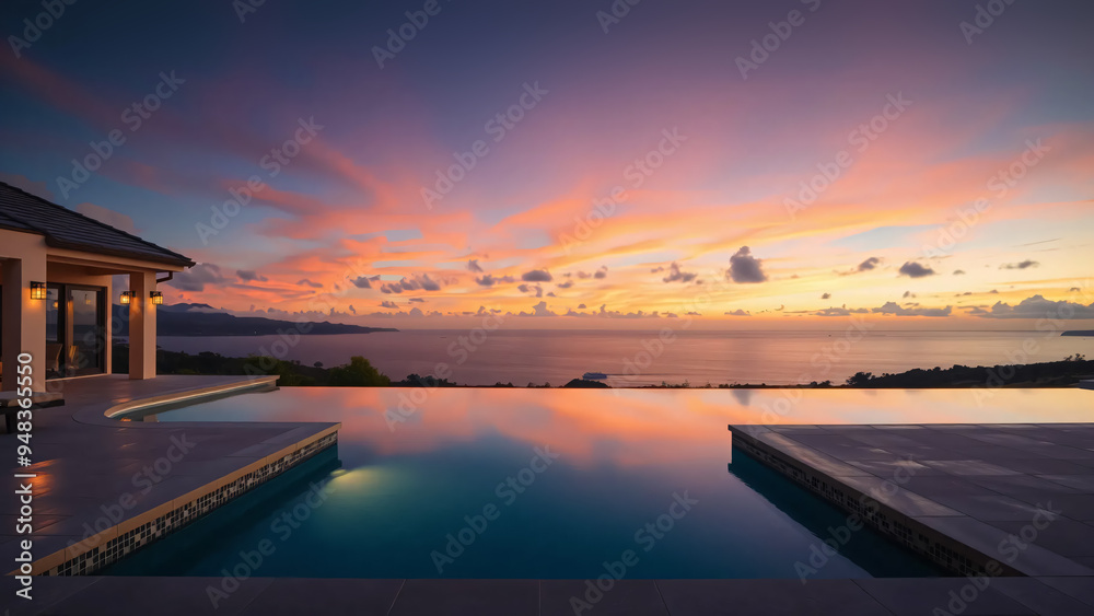 Fototapeta premium luxurious home with swimming pool, outdoor living concept with private oasis, modern minimalist architecture design looking out to the horizon in the evening