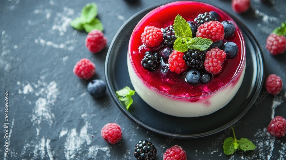 A round cheesecake topped with a red berry sauce and fresh raspberries, blueberries, blackberries, and mint leaves on a black plate. A round cheesecake topped with a red berry sauce and fresh raspberries, blueberries, blackberries, and mint leaves on a black plate.