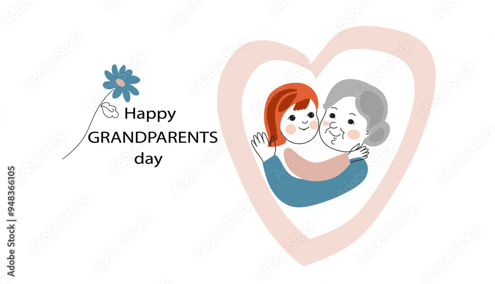 Obraz premium grandmother hugging her little granddaughter. doodle hand-drawn vector linear illustration. Happy grandparents Day greeting card. forget-me-not flower is a symbol of the holiday. 
