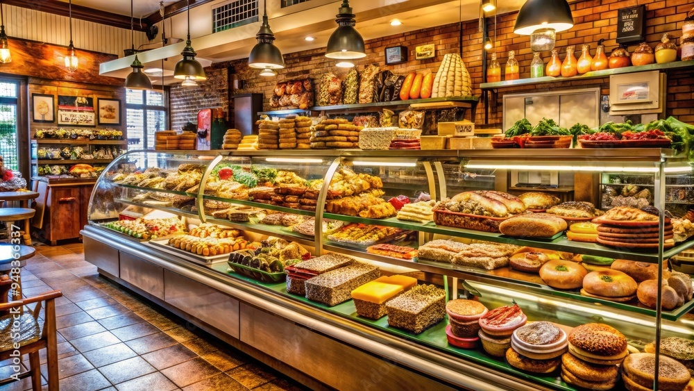 Classic New York-style deli atmosphere with bustling counter, vintage signs, and mouthwatering Displays of meats, cheeses, bagels, and traditional Jewish comfort foods. Classic New York-style deli atmosphere with bustling counter, vintage signs, and mouthwatering Displays of meats, cheeses, bagels, and traditional Jewish comfort foods.