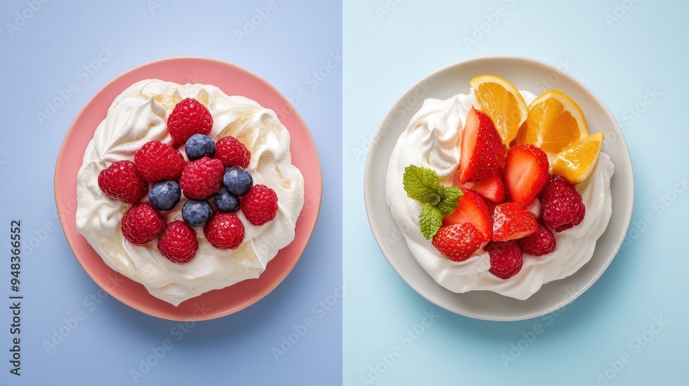 Two meringue desserts with whipped cream and fruit toppings on pastel blue background. Two meringue desserts with whipped cream and fruit toppings on pastel blue background.