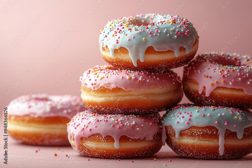whimsical stack of pastelcolored donuts with sprinkles and dripping glaze soft studio lighting on pale pink background whimsical stack of pastelcolored donuts with sprinkles and dripping glaze soft studio lighting on pale pink background