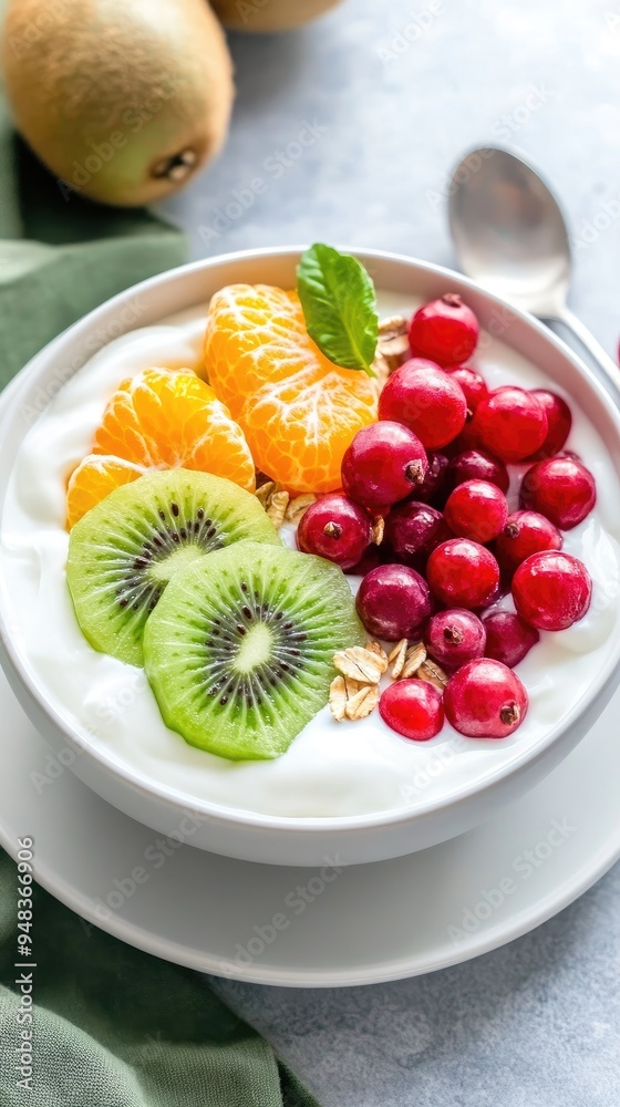 Creamy mango yogurt is beautifully layered with chia seeds, vibrant kiwi slices, and juicy orange segments, creating a refreshing and healthy dish ready for enjoyment Creamy mango yogurt is beautifully layered with chia seeds, vibrant kiwi slices, and juicy orange segments, creating a refreshing and healthy dish ready for enjoyment