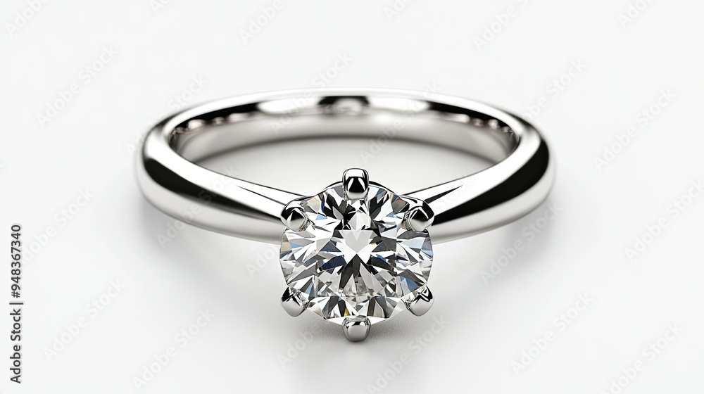 A shiny silver ring with a brilliant-cut diamond, presented on a pristine white background. A shiny silver ring with a brilliant-cut diamond, presented on a pristine white background.
