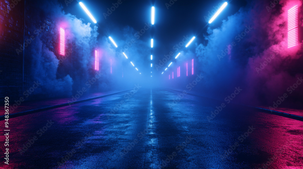 A dark, empty street with a dark blue background and neon lights. The scene features spotlights, an asphalt floor, and smoke drifting in a studio-like interior, evoking a night view. A dark, empty street with a dark blue background and neon lights. The scene features spotlights, an asphalt floor, and smoke drifting in a studio-like interior, evoking a night view.
