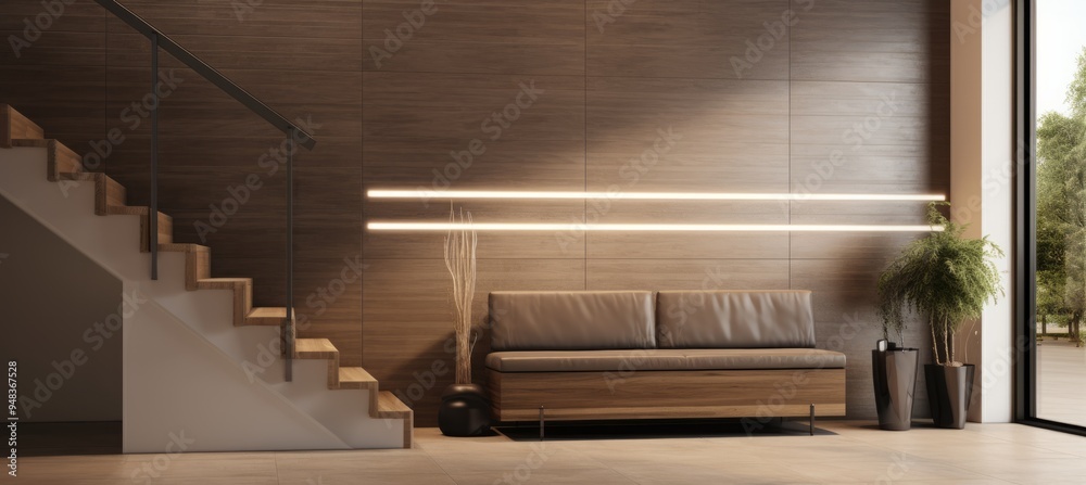 Obraz premium Contemporary interior design featuring a minimalist seating area and elegant staircase in a modern home
