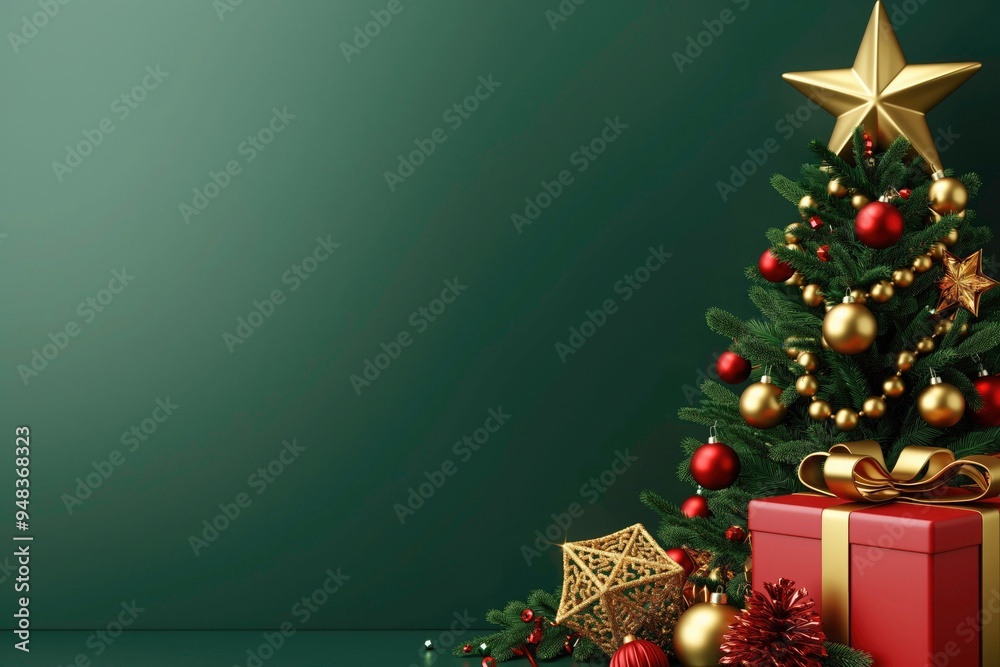 3D rendering of a Christmas background with a golden star, green pine tree, and red gift box on a dark green gradient color backdrop for holiday party decoration design. New year banner background 3D rendering of a Christmas background with a golden star, green pine tree, and red gift box on a dark green gradient color backdrop for holiday party decoration design. New year banner background