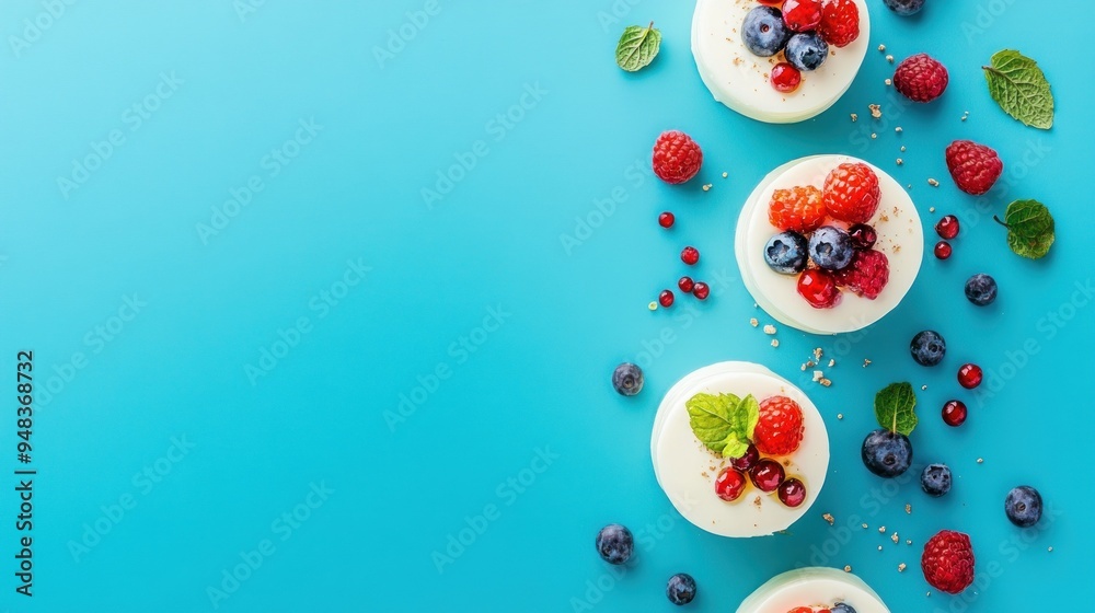 A row of four mini cheesecakes topped with fresh berries and mint on a blue background with copy space. A row of four mini cheesecakes topped with fresh berries and mint on a blue background with copy space.