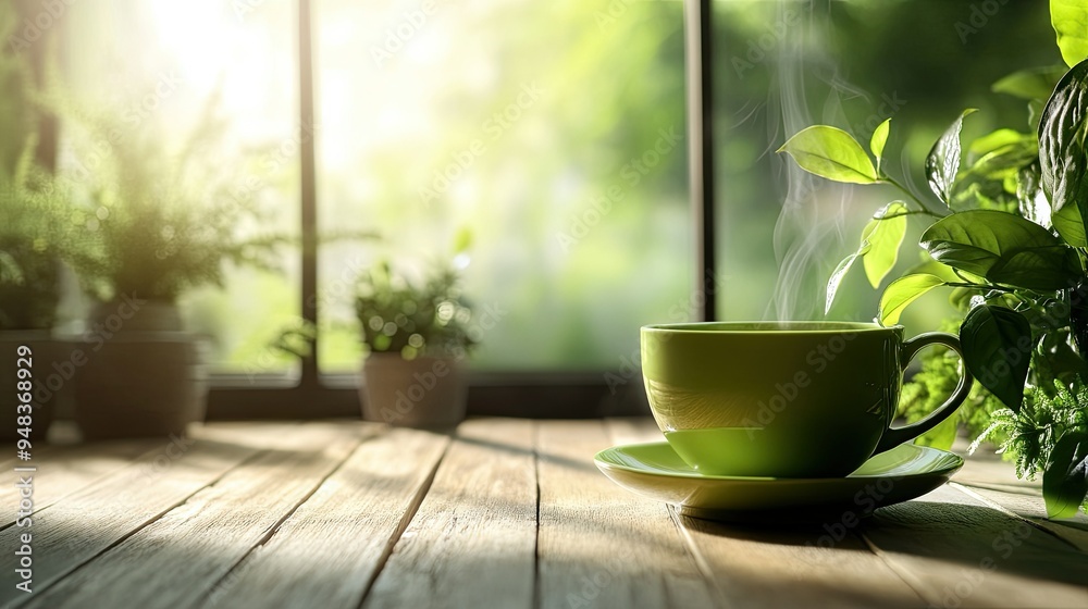 A steaming cup of freshly brewed green tea, with a vibrant green hue, placed on a wooden table with a serene background. A steaming cup of freshly brewed green tea, with a vibrant green hue, placed on a wooden table with a serene background.