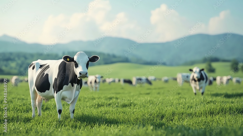 Organic dairy farm, grazing cows and green pastures, 3D illustration Organic dairy farm, grazing cows and green pastures, 3D illustration