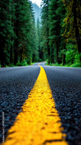 Low-angle shot of a winding road with a yellow line surrounded by dense, lush green forest, leading to a distant mountain under an overcast sky.