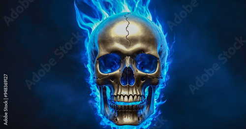 Golden skull burning blue flames burning brightly on dark and foggy background
