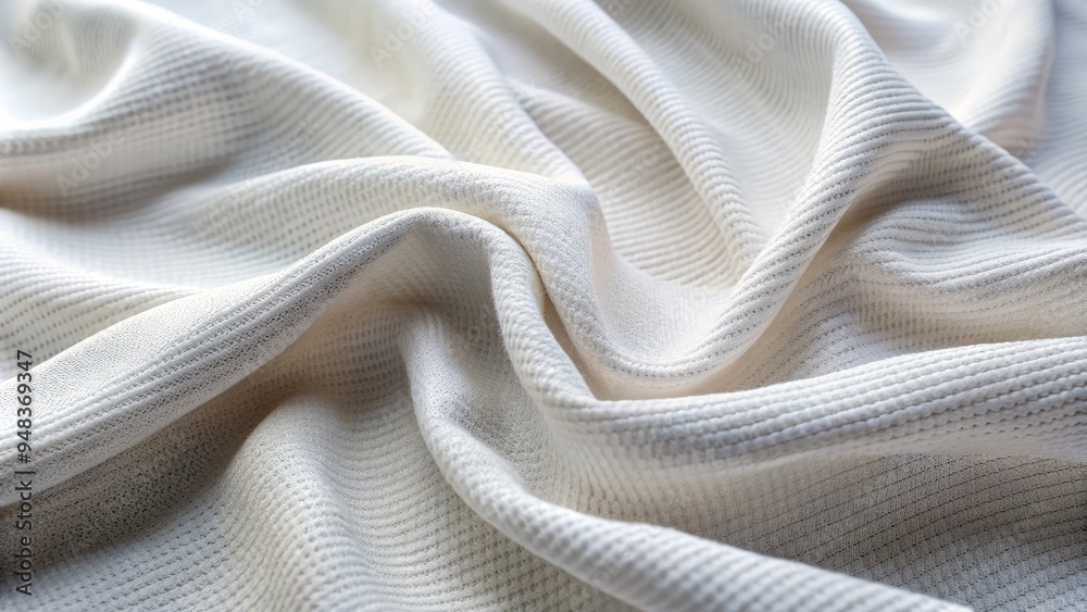 Close-up of a soft, white jersey fabric with a subtle sheen, gentle wrinkles, and a faint grid pattern, evoking a sense of comfort and casual wear. Close-up of a soft, white jersey fabric with a subtle sheen, gentle wrinkles, and a faint grid pattern, evoking a sense of comfort and casual wear.