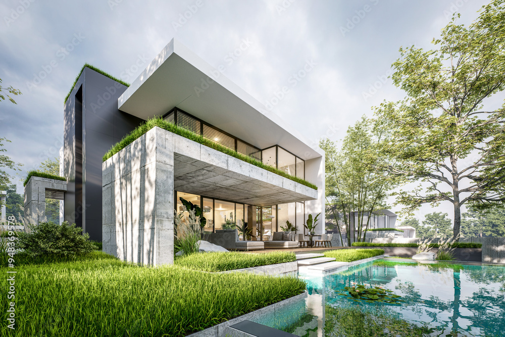 Naklejka premium 3d rendering of flat roof house with parking and pool for sale or rent with concrete facade and beautiful landscaping. Clear summer evening with cozy light from window