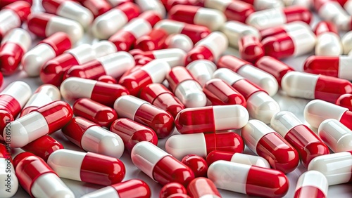 Close-up of assorted red and white pills scattered on a white surface, showcasing a mix of capsule and tablet forms in vibrant colors.
