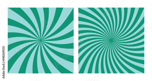 Set of Two Abstract Vector Green Spiral Patterns on Blue Background. Square Posters with Green Groovy Hypnotic Swirls, Retro Inspired Grunge Sun Bursts