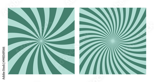 Set of Two Abstract Vector Green Spiral Patterns on Mint Background. Square Posters with Green Groovy Hypnotic Swirls, Retro Inspired Grunge Sun Bursts