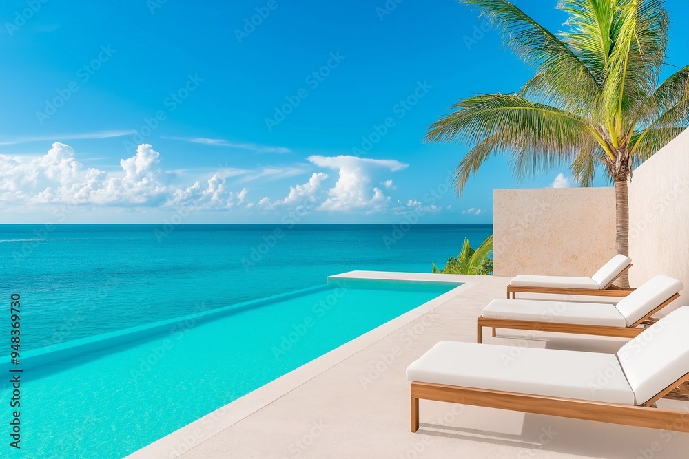 Fototapeta premium Serene Hotel Terrace with Ocean Views and Palm Trees