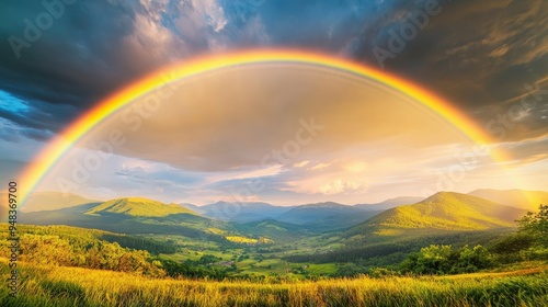 A stunning double rainbow appearing over a lush, green valley, with sun rays breaking through clouds after a summer rainstorm.