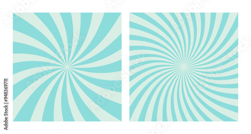 Set of Abstract Blue Spiral Sun Bursts on Light Teal Background, 2 Square Blue Shades Posters