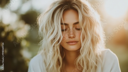 A young woman with long wavy blonde hair, showcasing natural beauty, is deep in thought and seeks peace and tranquility, with freckled cheeks against an outdoor backdrop.