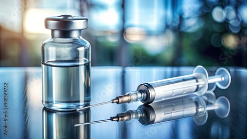 Close-up of a transparent medicine vial and syringe on a medical table, containing glucagon hormone for emergency treatment of severe hypoglycemia episodes. photo