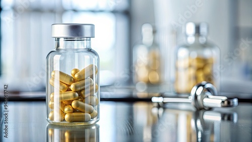 Close-up of a transparent medicine bottle and capsules of fenofibrate, a prescription medication, on a white background, with a blurred medical equipment blurred in the background. photo