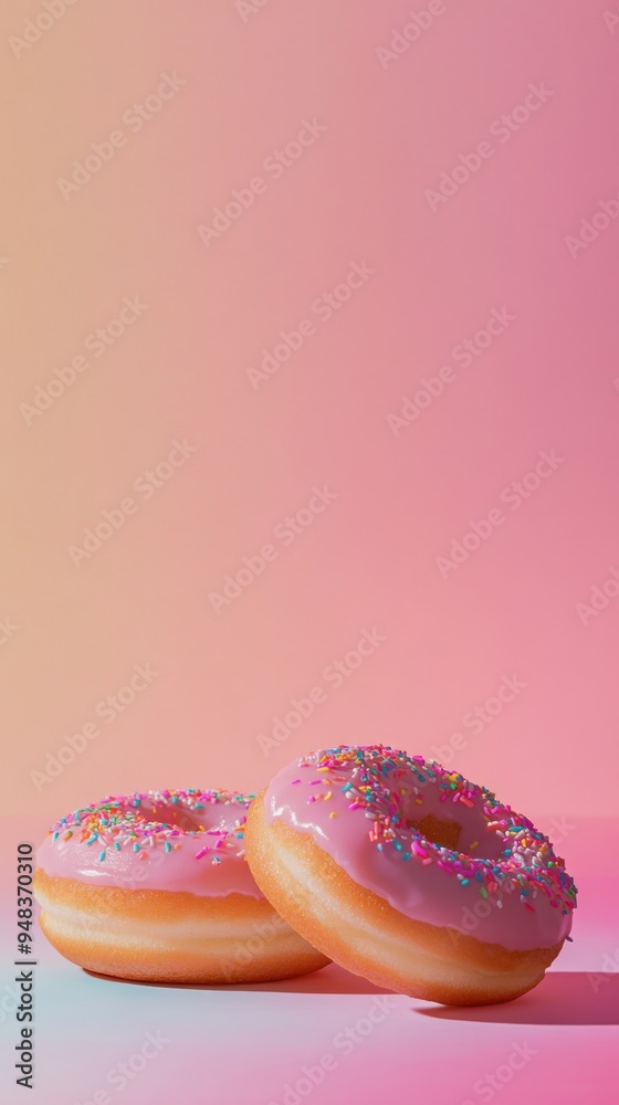 Two pink glazed donuts with colorful sprinkles on a pastel pink background. Two pink glazed donuts with colorful sprinkles on a pastel pink background.