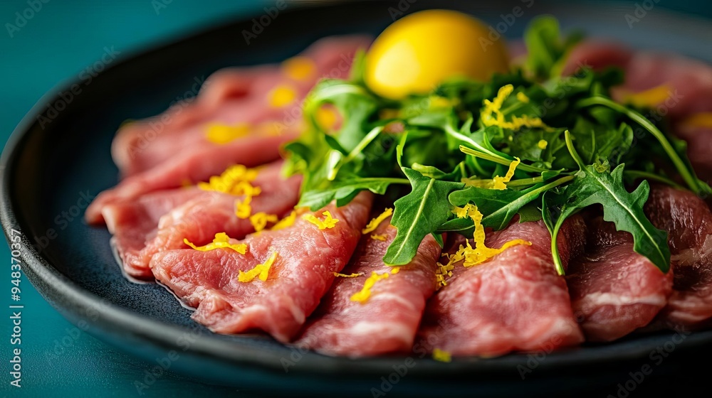 Thinly sliced beef carpaccio with lemon zest and arugula, minimalist style, sharp focus, ample negative space, gradient background in teal and navy blue Thinly sliced beef carpaccio with lemon zest and arugula, minimalist style, sharp focus, ample negative space, gradient background in teal and navy blue