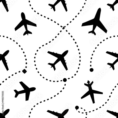 Seamless Pattern travel concept airplane different route line art vector illustration