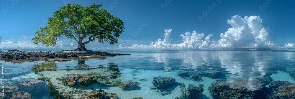 Breathtaking Panoramic Landscape of a Serene Tropical Island with a Lone Tree Reflected in Crystal Clear Waters Breathtaking Panoramic Landscape of a Serene Tropical Island with a Lone Tree Reflected in Crystal Clear Waters