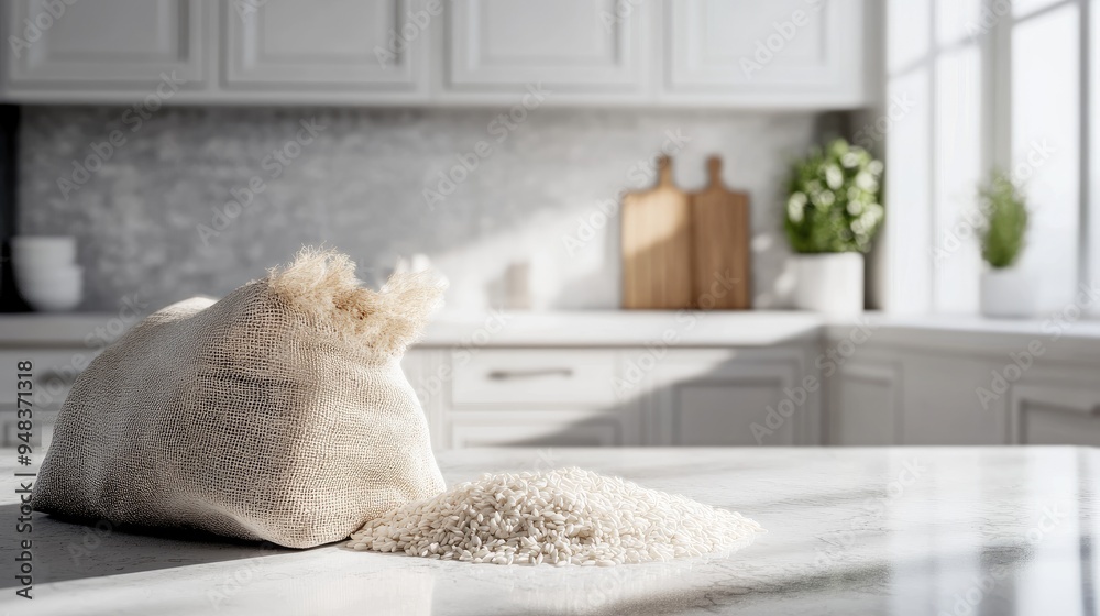 A minimalist kitchen scene with a sack of rice spilling out onto a clean white countertop. A minimalist kitchen scene with a sack of rice spilling out onto a clean white countertop.