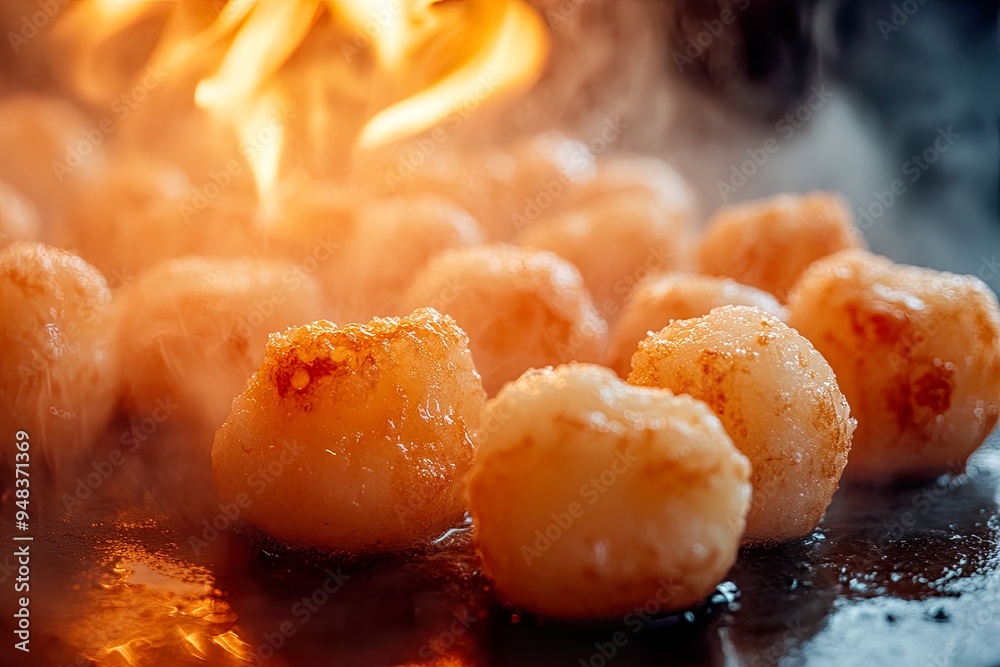 Grilled scallops sizzling with flames and smoke on a hot surface. Grilled scallops sizzling with flames and smoke on a hot surface.