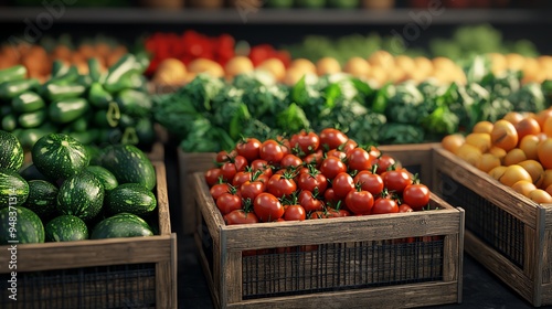 Organic vegetable market, fresh produce and bustling stalls, 3D illustration