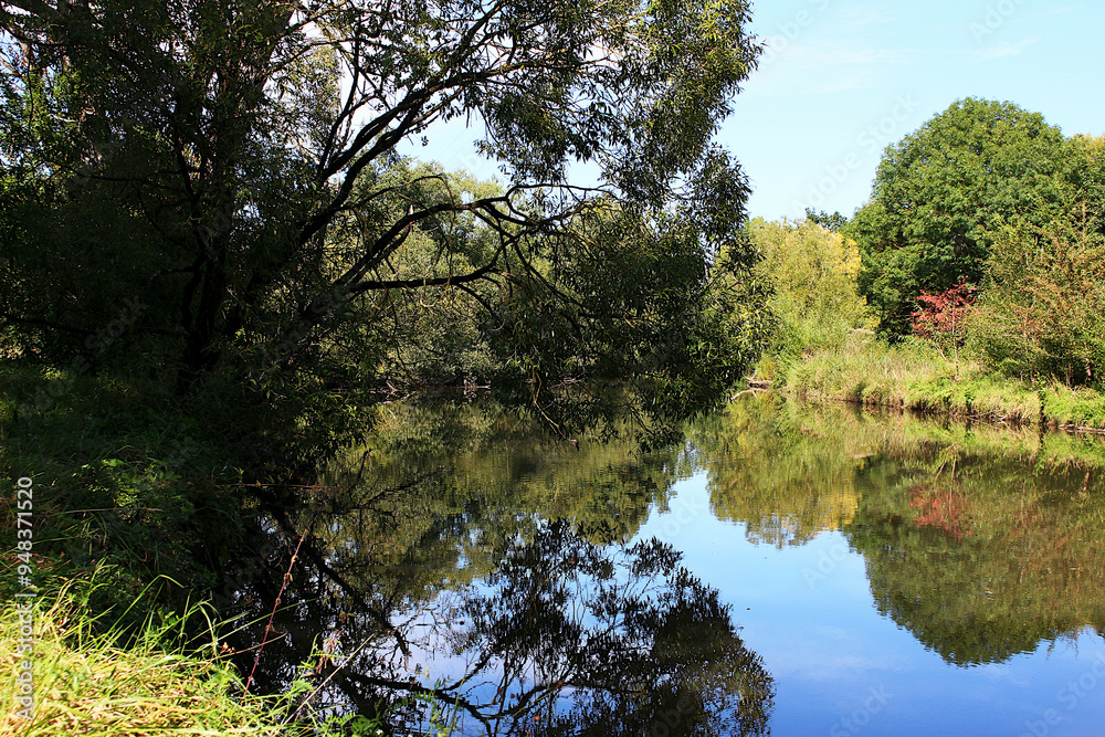 Image of nature, sunny summer day, river, trees, green grass. Image of nature, sunny summer day, river, trees, green grass.