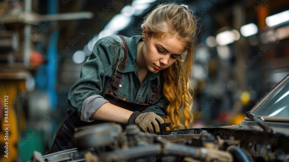 Female Mechanic Working on a Car Engine Female Mechanic Working on a Car Engine