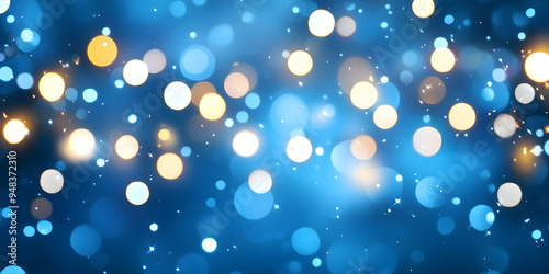 Winter background with glowing white bokeh lights on a blurry blue background. Christmas lights